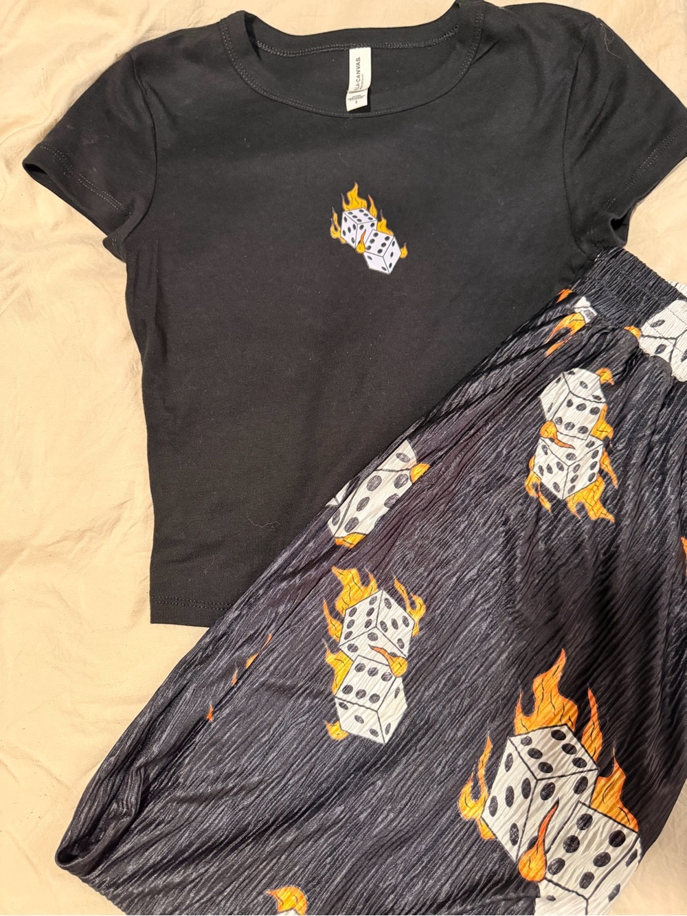 Flaming Dice Two-Piece baby Tee + pants Set - Black with Orange Accents